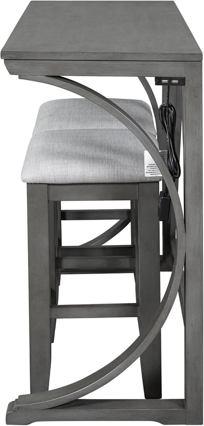 Polibi 3-Piece Farmhouse Counter Height Dining Set, Wood Kitchen Dining Table Set with USB Port and 2 Upholstered Stools for Small Places (Gray)