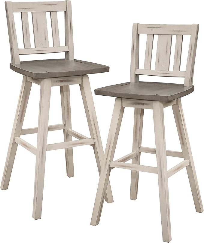 Lexicon Bar Height Bar Stools Set of 2-Solid Wood Frame 360° Swivel Wooden Stools, Foot Rest, Slat Back, Wide Seat, Distressed Farmhouse Easy to Clean Finish, 28.5" SH, Antique White/Grey