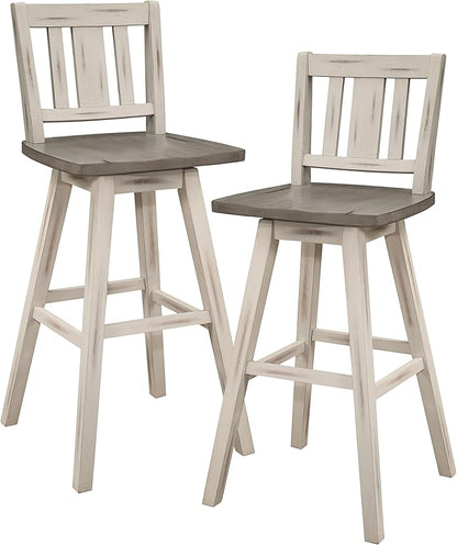 Lexicon Bar Height Bar Stools Set of 2-Solid Wood Frame 360° Swivel Wooden Stools, Foot Rest, Slat Back, Wide Seat, Distressed Farmhouse Easy to Clean Finish, 28.5" SH, Antique White/Grey