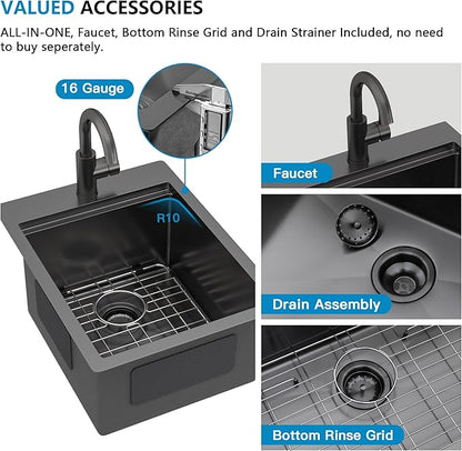 15"x20" Drop In Bar Prep Sink Workstation – Gunmetal Black NANO-PVD, 16 Gauge 304 Stainless Steel, Single Bowl Top Mount Wet Bar RV Outdoor Kitchen Sink with Faucet