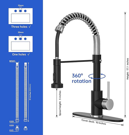 Black Nickel Kitchen Faucet with Pull Down Sprayer, Stainless Steel Spring Commercial Kitchen Sink Faucet with 10-Inch Deck,1 or 3 Hole Installation for Farmhouse, RV Camper, Laundry & Utility Sink