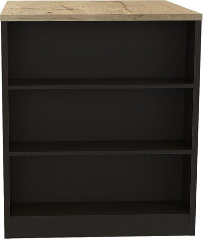 Modern Farmhouse Kitchen Island Table, 36.2x36.2 Inch Two-Leg Design with Three Side Storage Shelves, Versatile Black/Pine Center Table for Kitchen and Dining Room