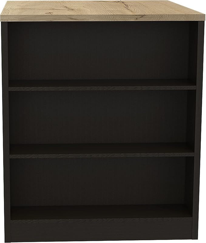 Modern Kitchen Island Table, Two-Leg, Three Shelves, Black & Pine - Compact Dining Solution