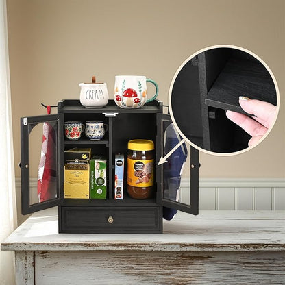 Ikee Design Wooden Countertop Storage Cabinet with Magnetic Door, Adjustable Shelves, Removable Hooks and Drawer for Perfume, Makeup, Pantry, Black Color, 12.2 W x 6 D x 15.7 H in