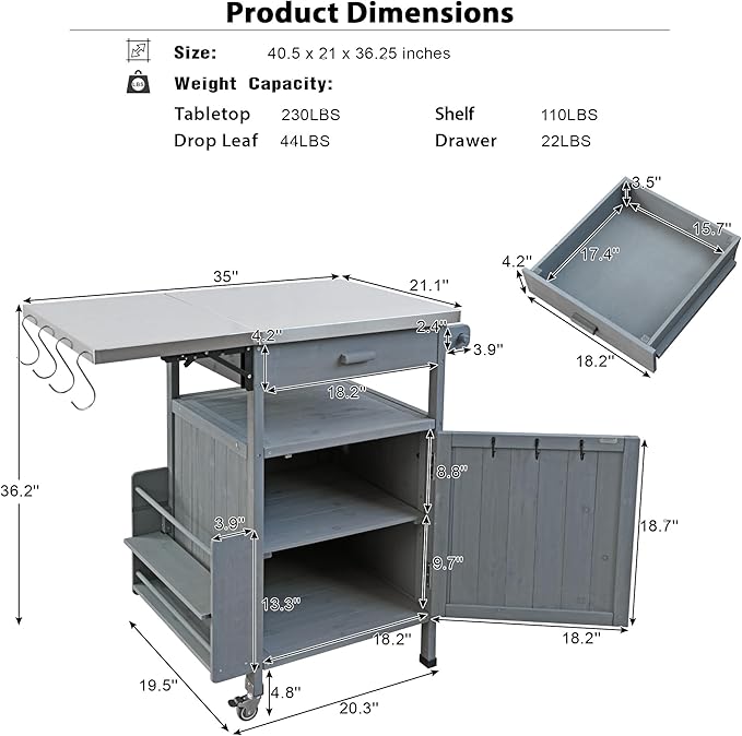 YOPTO 40.5" Outdoor Grill Cart,Stainless Steel Top,Fir Wood Cabinet,Drop Leaf,Lockable Wheels,Ample Storage,Towel Rack,Spice Rack,Bottle Opener,Blue Grey