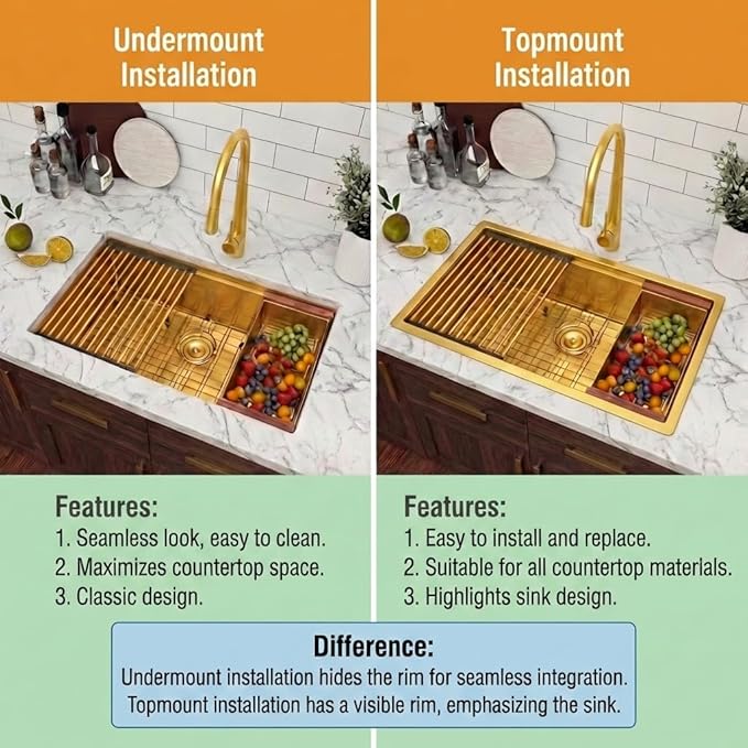 LQS Gold Kitchen Sink, 32 Inch Gold Undermount Kitchen Sink, 32” x 19" Stainless Steel 16 Gauge Kitchen Sinks with Pratical Accessories For Luxury Kitchens, Round Corner and X Drain Line
