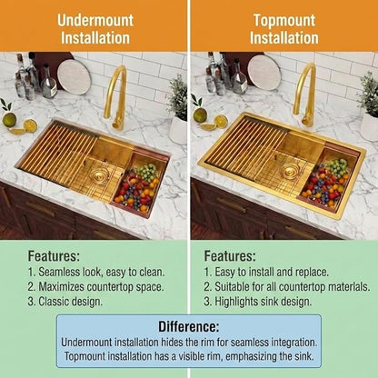 LQS Gold Kitchen Sink, 32 Inch Gold Undermount Kitchen Sink, 32” x 19" Stainless Steel 16 Gauge Kitchen Sinks with Pratical Accessories For Luxury Kitchens, Round Corner and X Drain Line