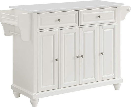 Crosley Furniture Cambridge Stone Top Rolling Kitchen Island Storage Cart, Microwave Stand, Spice Rack, White