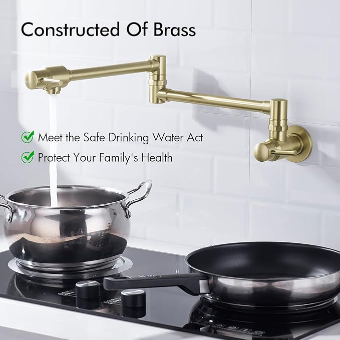 BAGNOLUX Brushed Gold Pot Filler Faucet, Traditional Double Handle Coffee Machine Wall Mount with Spout Reach Double-Jointed Swivel Stove Brass Kitchen Faucet 23.4 Inch, Brushed Light Yellow Gold