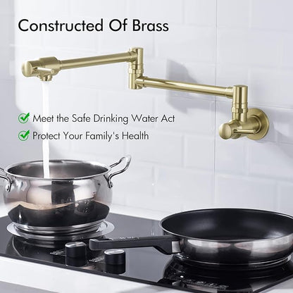 BAGNOLUX Brushed Gold Pot Filler Faucet, Traditional Double Handle Coffee Machine Wall Mount with Spout Reach Double-Jointed Swivel Stove Brass Kitchen Faucet 23.4 Inch, Brushed Light Yellow Gold