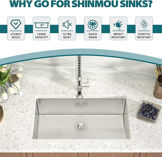 Undermount Kitchen Sink 30x18x9 Inch Deep Single Bowl 18 Gauge Stainless Steel Under Counter Sinks Basin With Drain Strainer