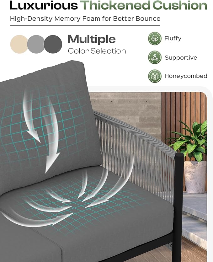 Aluminum Outdoor Sofa Armchair, HDPE Rope Patio Couch with Washable Thick Cushion, All-Weather Outdoor Patio Chairs Set of 2 for Balcony, Yard, Gray Frame, Charcoal