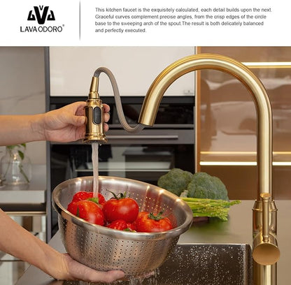 Lava Odoro Curtura Brushed Bronze Kitchen Faucet with Pull Down Sprayer, Gold Kitchen Sink Faucet with Magnetic Docking Spray 3-Function, Faucet for Kitchen Sink 1 Hole and 3 Hole, KF421-BB-M