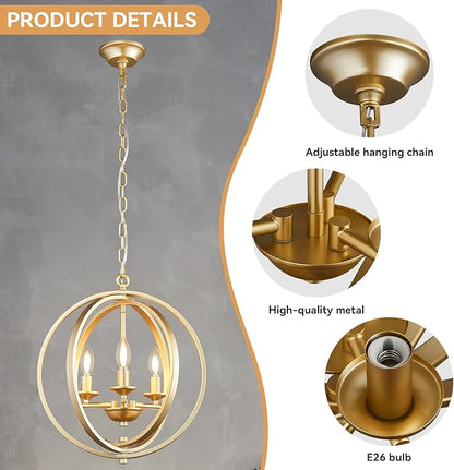 3-Light Modern Gold Pendant Lights, Farmhouse Dining Room Light Fixtures Industrial Chandelier, Metal Geometric Kitchen Island for Entryway Hallway Foyer Bedroom