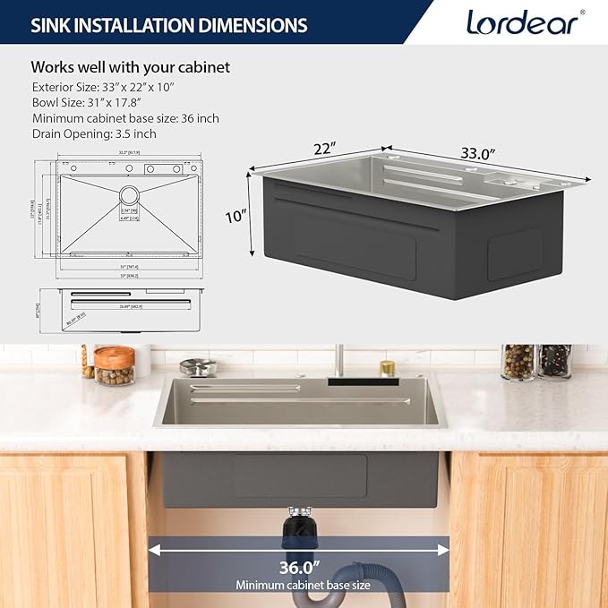 Lordear 33x22 Inch Waterfall Kitchen Sink Drop In T304 16 Gauge 33x22 Workstation Stainless Steel Single Bowl With Pull Out Faucet Set, Integranted Control Temp & Functions,33x22x10 Inch
