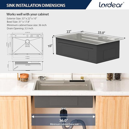 Lordear 33x22 Inch Waterfall Kitchen Sink Drop In T304 16 Gauge 33x22 Workstation Stainless Steel Single Bowl With Pull Out Faucet Set, Integranted Control Temp & Functions,33x22x10 Inch