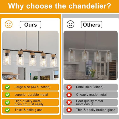 35" Dining Room Light Fixture/Chandelier Over Table, 5-Light Matte Black Kitchen Island Lighting with Clear Glass Shade, Modern Hanging Pendant Lights Fixture for Kitchen Island, Dining Room, Bar