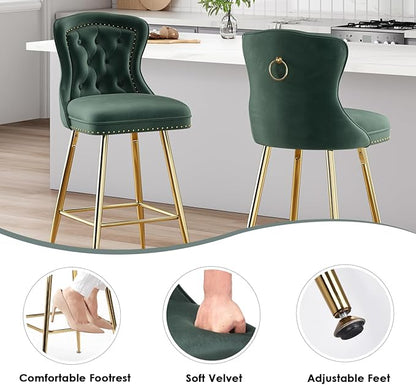 Stools Set of 2, Velvet Counter Height with Metal Legs, Button Tufted and Nailheads Trim, Wing-Back Chairs for Kitchen Island Dining Room Pub, Green