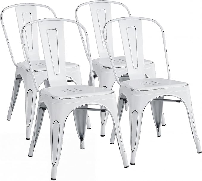 Shahoo Metal Dining Chairs Classic Iron Stackable Industrial Vintage Trattoria with Back, Indoor-Outdoor Side Settee for Home Bistro Cafe Kitchen Restaurant Set of 4, Old White