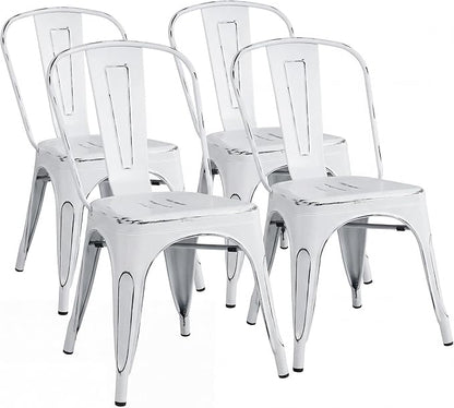 Shahoo Metal Dining Chairs Classic Iron Stackable Industrial Vintage Trattoria with Back, Indoor-Outdoor Side Settee for Home Bistro Cafe Kitchen Restaurant Set of 4, Old White