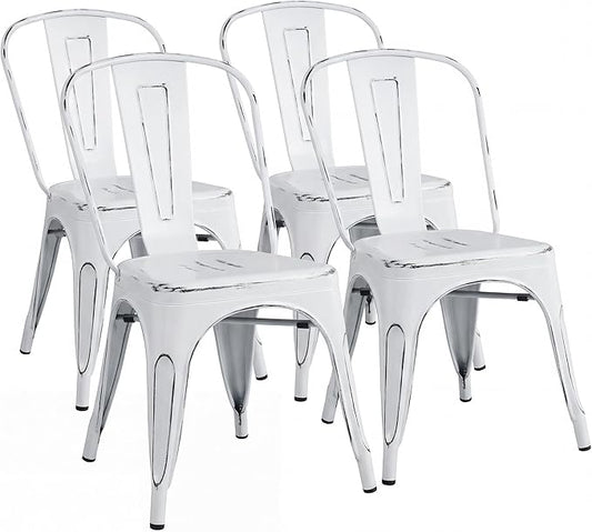 Shahoo Metal Dining Chairs Classic Iron Stackable Industrial Vintage Trattoria with Back, Indoor-Outdoor Side Settee for Home Bistro Cafe Kitchen Restaurant Set of 4, Old White