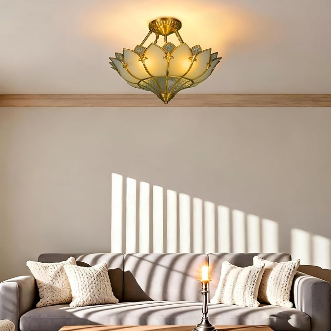 18.9" Vintage Pendant Light Fixture, 4-Light Semi Flush Mount Ceiling Light, Handmade Glass Ceiling Light Fixture for Foyer Entryway Stairway (Minimalist)