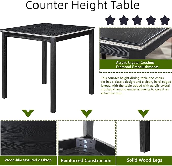 Dining Table Set for 4, 5-Piece Dining Room Table Set with Square Crystal Decoration Table & 4 Upholstered Backrest Chairs, Counter Height Kitchen Sets with Wood Grain & Footrest, Black