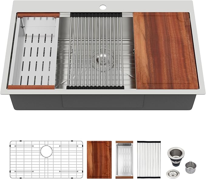 Logmey 36 Inch Drop in Workstation Kitchen Sink,16 Gauge SUS304 Stainless,36x22x9 Large Single Bowl Sinks for Effortless Meal Prep & Baking,Complete All-In-One Sink Kit