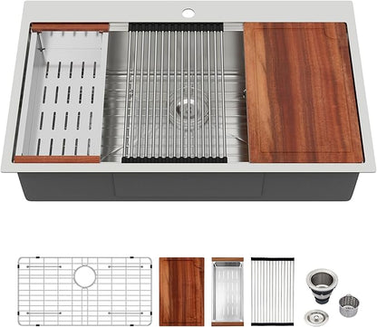 Logmey 36 Inch Drop in Workstation Kitchen Sink,16 Gauge SUS304 Stainless,36x22x9 Large Single Bowl Sinks for Effortless Meal Prep & Baking,Complete All-In-One Sink Kit