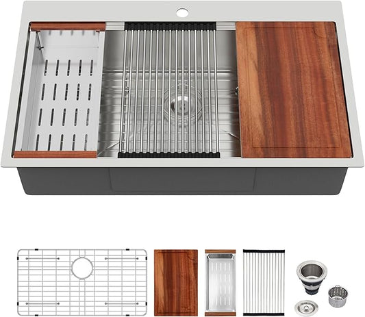Logmey 36 Inch Drop in Workstation Kitchen Sink,16 Gauge SUS304 Stainless,36x22x9 Large Single Bowl Sinks for Effortless Meal Prep & Baking,Complete All-In-One Sink Kit