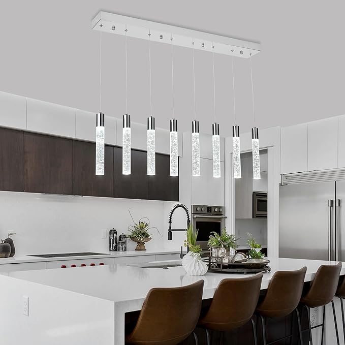 8 Light Pendant Lights Kitchen Island, Modern Chrome Crystal Pendants with Dimmable 3000K-6000K LED Ceiling Hanging Light Fixture for Dining Room Bedroom, Adjustable Height 78"