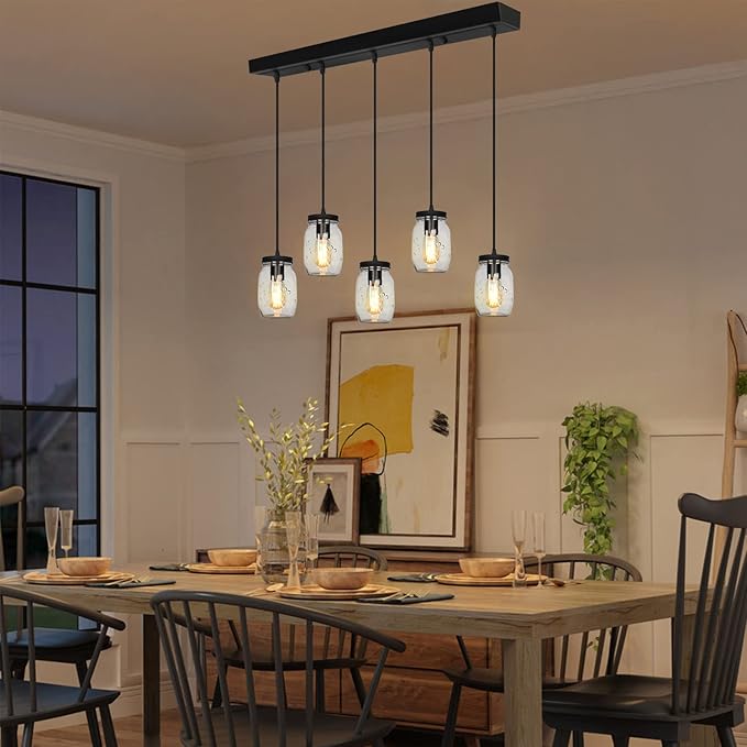 5-Light Glass Mason Jar Light Fixtures, Farmhouse Kitchen Island Pendant Lighting, Rustic Adjustable Height Jar Ceiling Lights for Over Sink, Dining Room, Foyer, Stairway, Hallway, Entryway, Porch