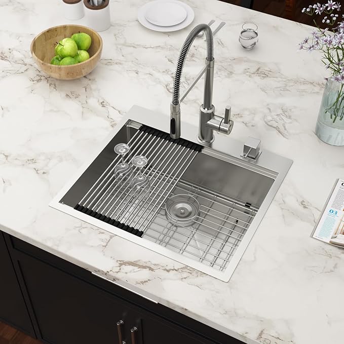 25x22 Drop In Kitchen Sink Workstation - Couoko 25 Inch 16 Gauge T304 Stainless Steel Drop In RV Bar Sink Large Deep Handmade Single Bowl Laundry Utility Sinks with Accessories, 25"x22"x9"