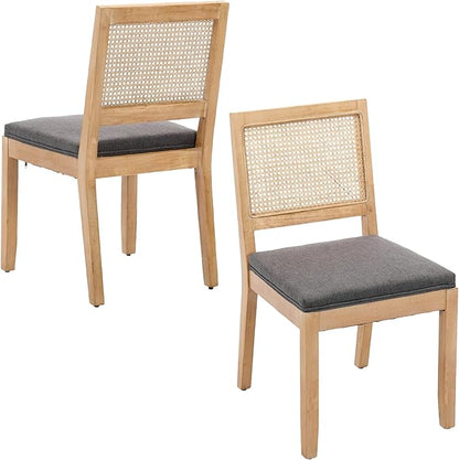 Modern Wooden Dining Chair Set of 2, Farmhouse Kitchen & Dining Room Chair with Solid Wood Legs, Rattan Upholstered Kitchen Chairs for Restaurant/Living Room (Gray, Set of 2)