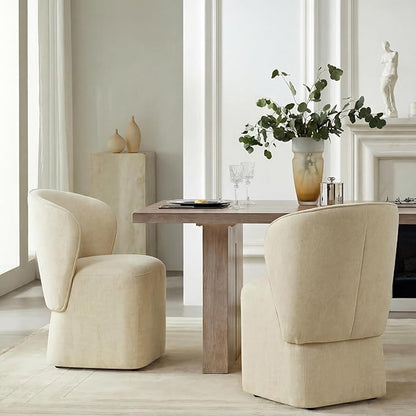 KISLOT Upholstered Dining Chairs with Wheels, Easy Assembly Stain Resistant Fabric Modern Barrel Armchair with Lumbar Cushion, Dining Room Chairs for Kitchen Living Room Bedroom, Sand, Set of 2