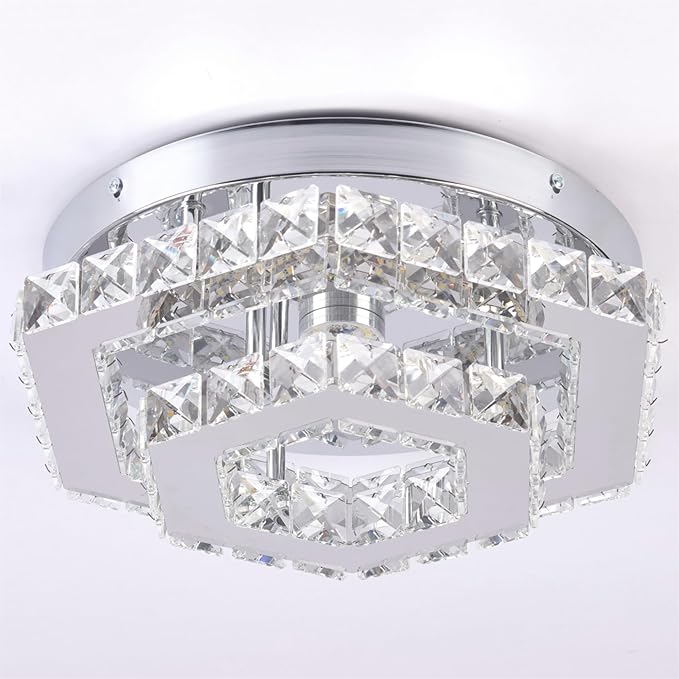 CXGLEAMING Modern Crystal Chandelier LED Flush Mount Ceiling Light Hexagonal Pendant Lamp Fixture 3 Color Changing Ceiling Light for Bedroom Hallway Bar Living Room Bathroom