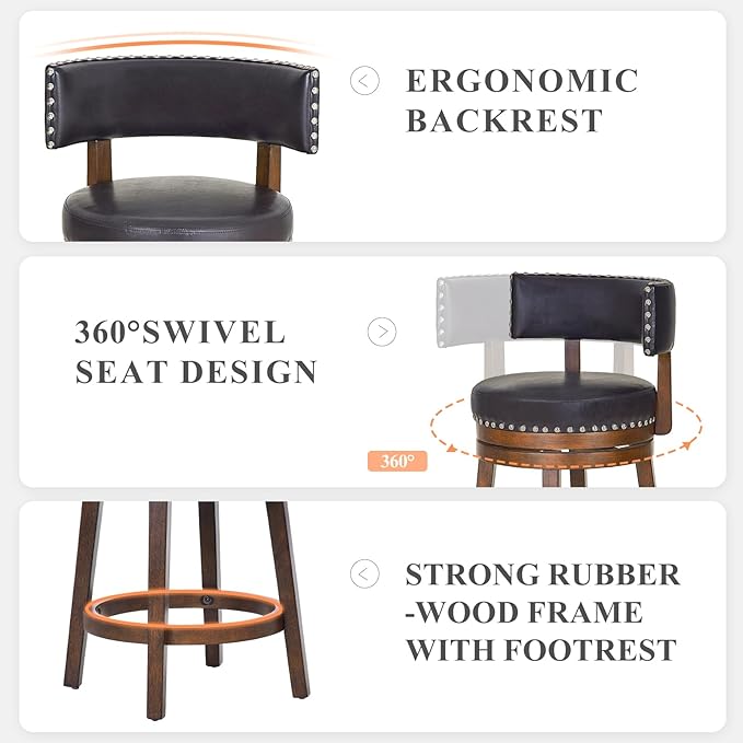 COLAMY Swivel Bar Stool, 25 Inch Wood Swivel Barstool with Back, Counter Height Bar Stools, Modern Upholstered Barstool for Kitchen Island Dining Room Bar, Dark Brown