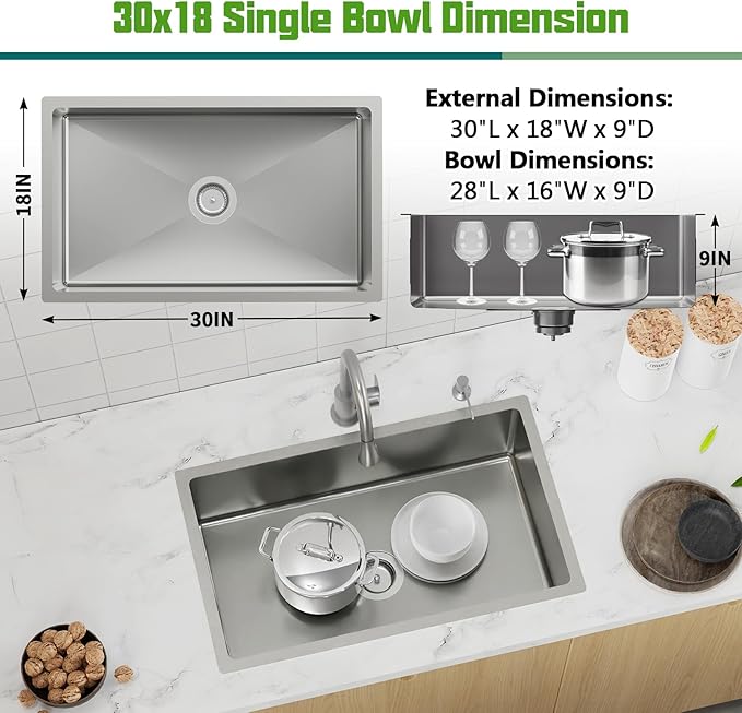 Kitchen Sink, 30x18 Inch Stainless Steel Undermount Modern Single Bowl Drop In Kitchen Sink Combo-Silicon Mat,Drain Strainer Set Offering Large Basin And Compatibility With Various Kitchen&Bar Style
