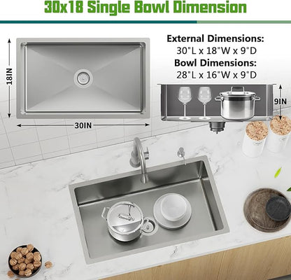 Kitchen Sink, 30x18 Inch Stainless Steel Undermount Modern Single Bowl Drop In Kitchen Sink Combo-Silicon Mat,Drain Strainer Set Offering Large Basin And Compatibility With Various Kitchen&Bar Style