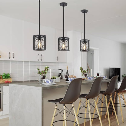 Farmhouse Pendant Light for Kitchen Island - Industrial Metal Lantern Black Pendant Lighting Single Hanging Light Fixture with 49.2" Adjustable Rods for Dining Room, Over The Sink, Hallway