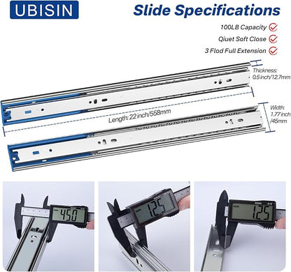 Soft Close Ball Bearing Drawer Slides 22 Inch, 1 Pair 3-Section Full Extension Drawer Glides Heavy Duty Steel Side Mount Rails for Kitchen Cabinet，Tool Chest，Office Furniture，100 LBS