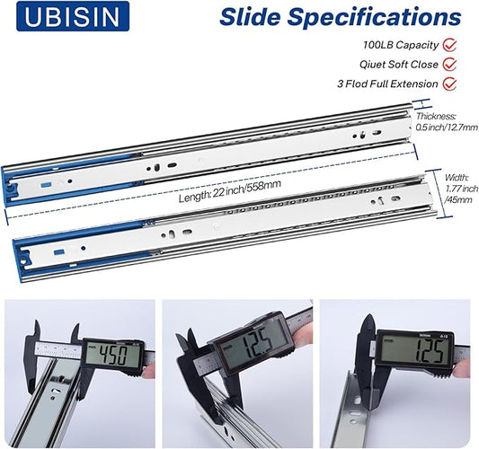 Soft Close Ball Bearing Drawer Slides 22 Inch, 1 Pair 3-Section Full Extension Drawer Glides Heavy Duty Steel Side Mount Rails for Kitchen Cabinet，Tool Chest，Office Furniture，100 LBS