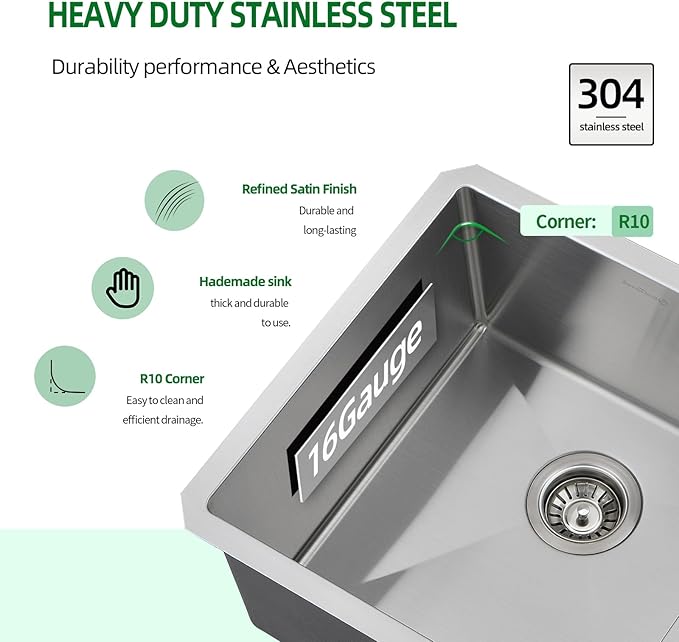 Undermount Kitchen Sink, 18 x 18 x 10 Inch Single Bowl Bar Sink 16 Gauge T-304 Stainless Steel Kitchen Sinks with Accessories