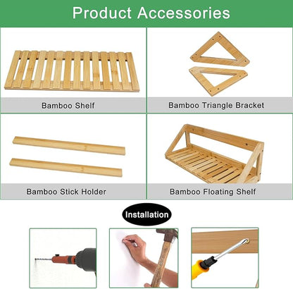 Floating Shelves Wall Mounted, 3 Pcs Solid Bamboo Wall Hanging Rack Holder, Wall Storage Shelves for Bedroom, Living Room, Bathroom, Kitchen, Office Decor