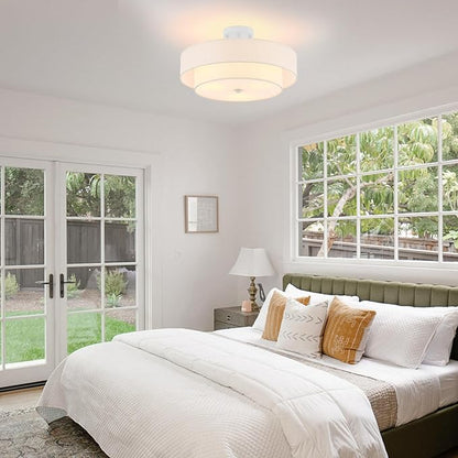 Modern Semi Flush Mount Ceiling Light, 18" Modern White 3-Lights Drum Ceiling Lighting Fixture, Vintage Linen White Ceiling Lamp for Laundry Room, Kitchen, Basement, Dining Room, Bedroom