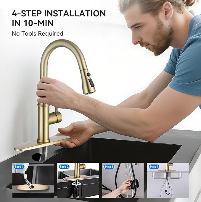 Gold Kitchen Faucet with Sprayer,Single Handle Kitchen Sink Faucet with Pull Out Sprayer, Champagne Bronze, Arofa Brushed Gold Brass Faucets for RV/Outdoor/Bathroom Sink