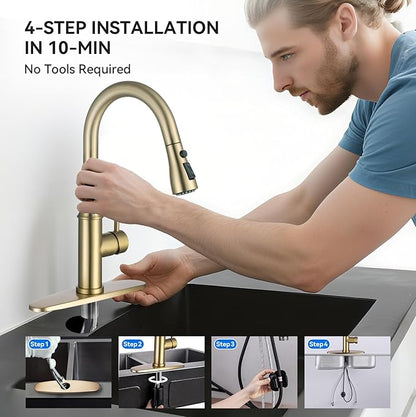 Gold Kitchen Faucet with Sprayer,Single Handle Kitchen Sink Faucet with Pull Out Sprayer, Champagne Bronze, Arofa Brushed Gold Brass Faucets for RV/Outdoor/Bathroom Sink