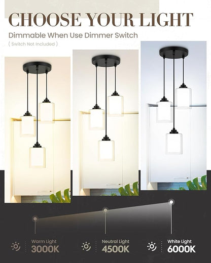 TENGXIN 3 Light Pendant Light,Matte Black Modern Pendant Light for Kitchen Island,Hanging Light with Dual Glass Shade,Farmhouse Pendant Lights for Dining Room,Bedroom,TXPLBK04