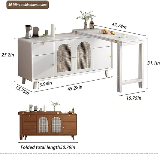 60.68in Multifunctional Folding Buffet Table, Modern Bar Cabinet with Swivel Table, Extendable Dining Table, Double Storage Cabinet for Kitchen, Living Room, Small Space - Walnut/White(White,50.79in)