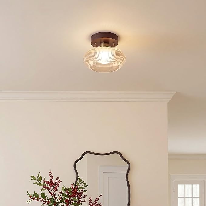 Retro Walnut Base Amber Fluted Glass Ceiling Light – Vintage Ribbed Glass Semi-Flush Mount Fixture with Metal Wood Base, E26 Base 10W Max, for Kitchen Island, Hallway, Bedroom